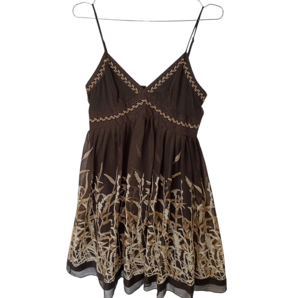 Vintage Brown Botanical Print Empire Waist Dress Embroidered V-Neck Whimsigoth M